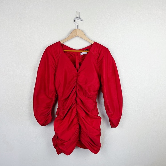 Zara Red Ruched Draped Puff Sleeve Designer Mini Dress - Picture 3 of 8
